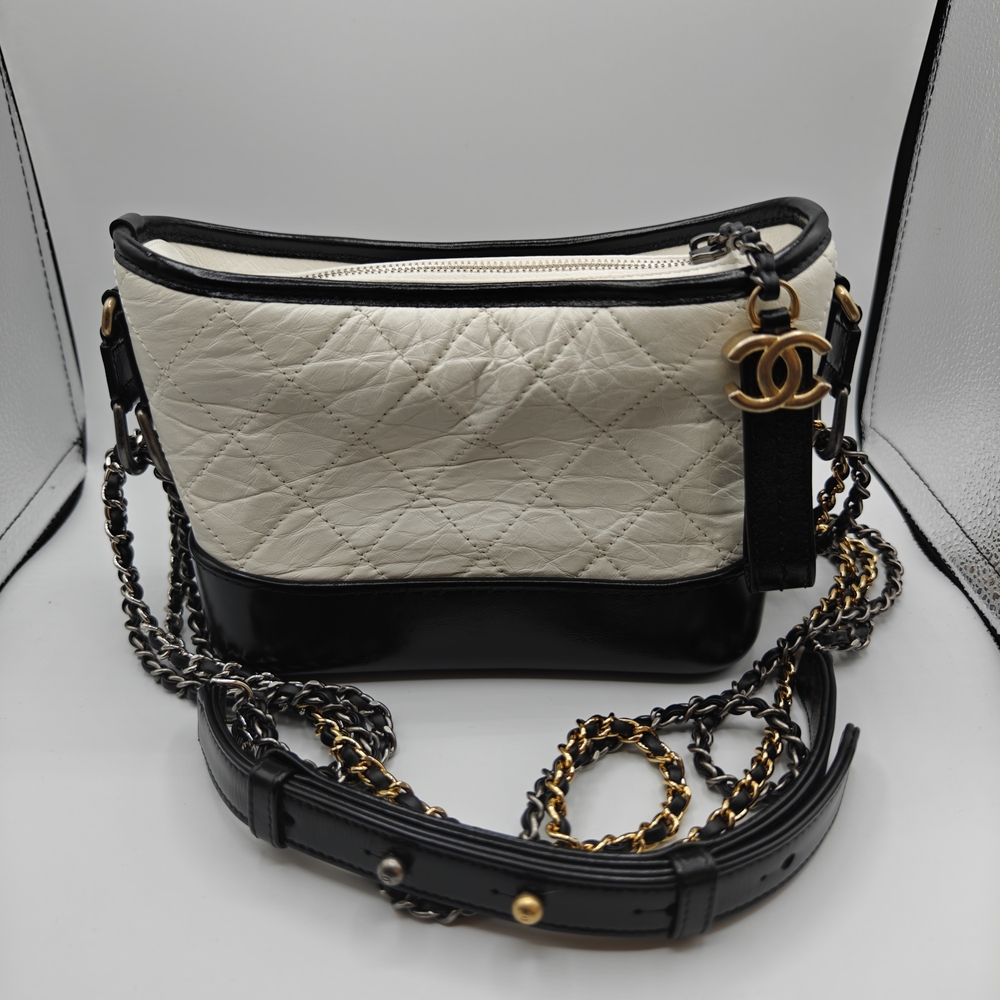 CHANEL White/Black Aged Calfskin Quilted Leather Gabrielle Hobo Bag Small